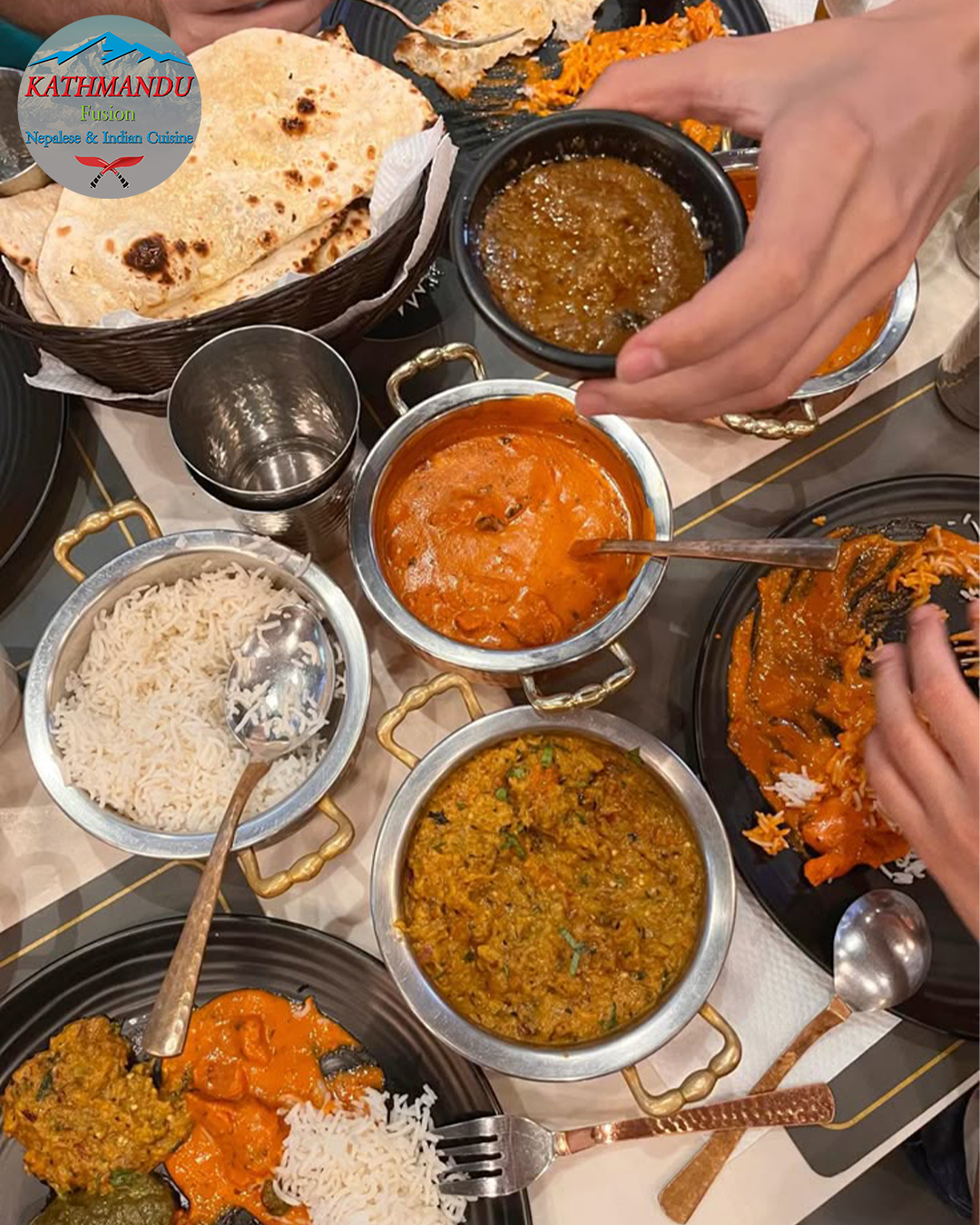  curry, biryani, korma with pitta bread served at Kathmandu Fusion Restaurant Glasgow